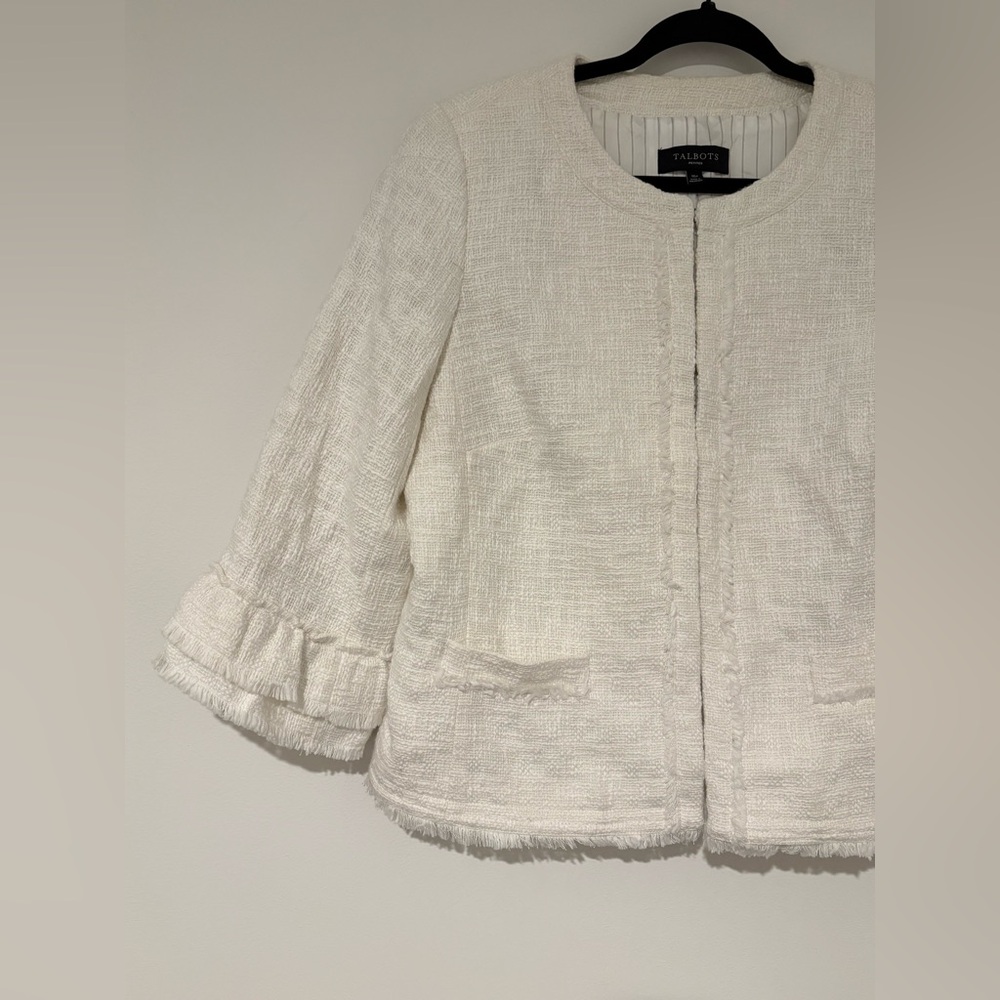Talbots Women’s White Tweed Ruffle Sleeve Blazer Jacket Workwear Office 16P - Picture 3 of 9